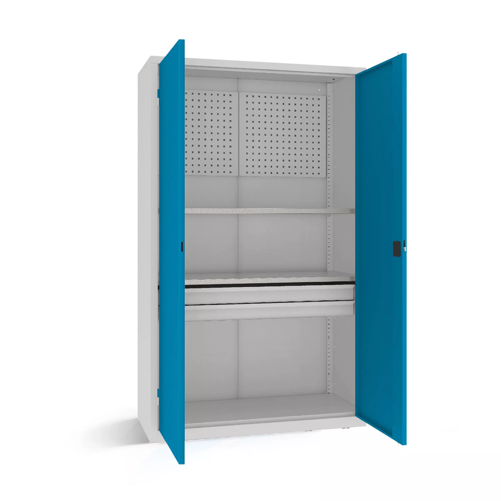 Heavy-duty workshop cabinet with 2 drawers 2 shelves and tool panel 199 x 120