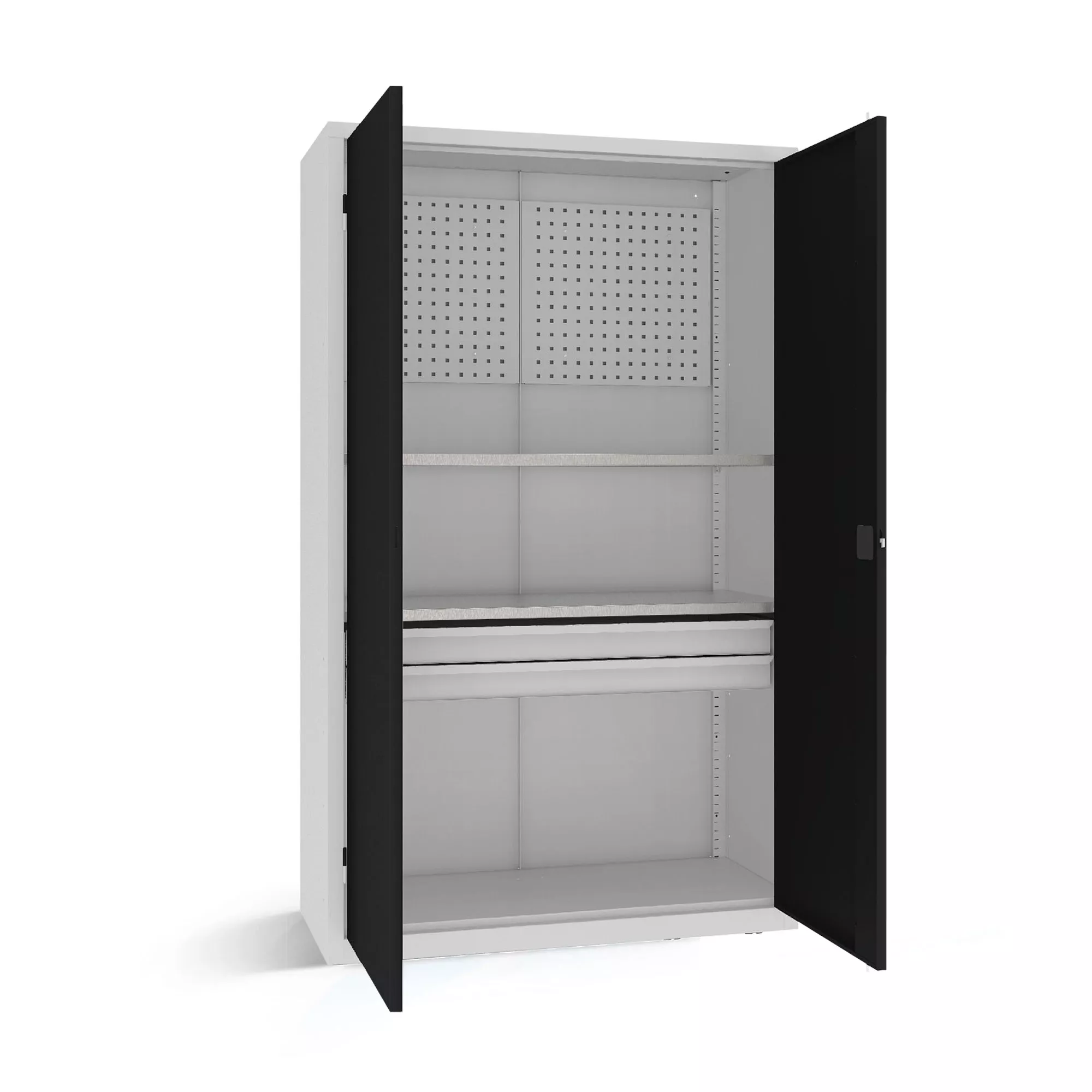 Armoire pour charges lourdes - 2 tiroirs, 2 étagères, panneau porte-outils - 120 cm de largeur