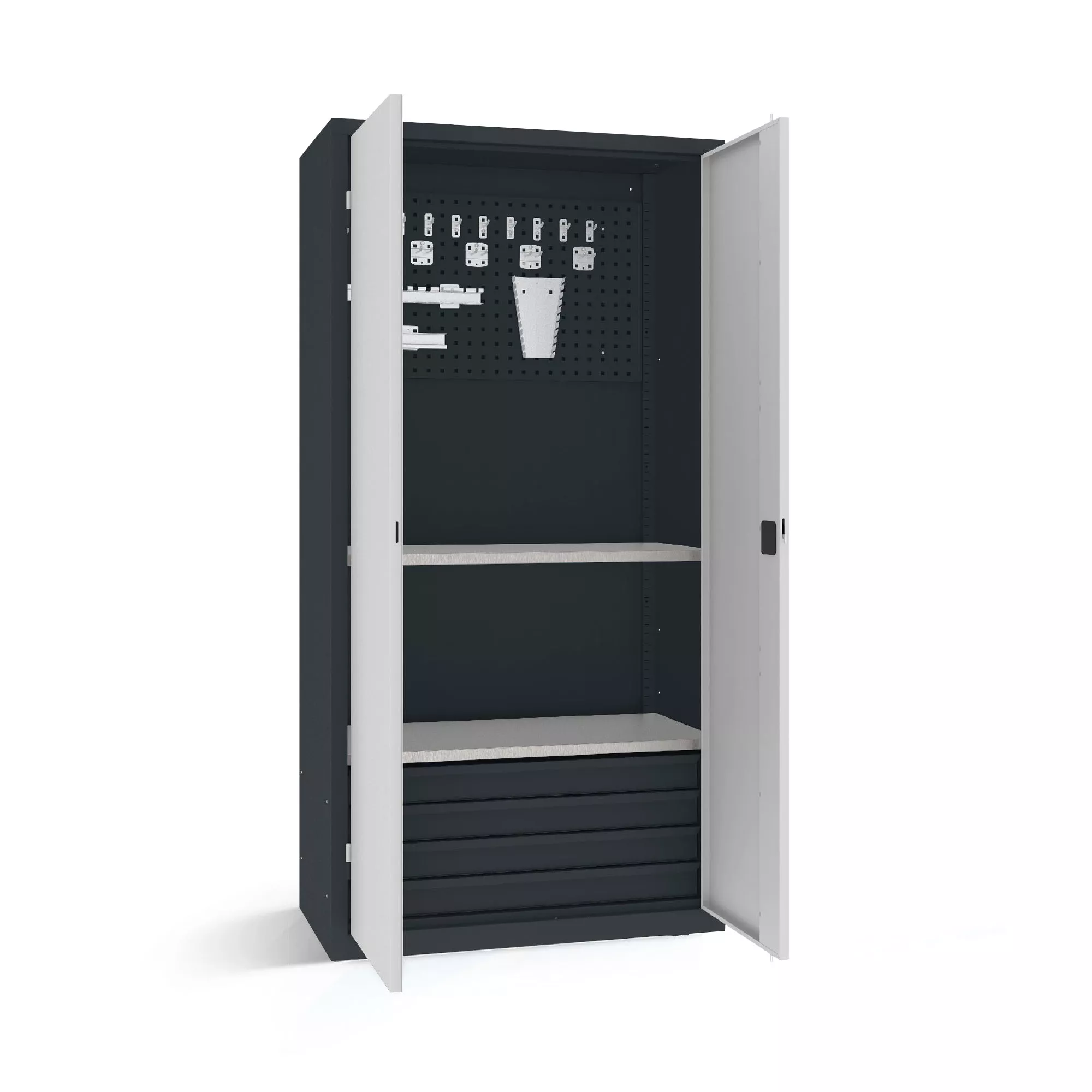 Armoire pour charges lourdes - 4 tiroirs, 2 étagères, panneau porte-outils avec supports et crochets - 100 cm de largeur
