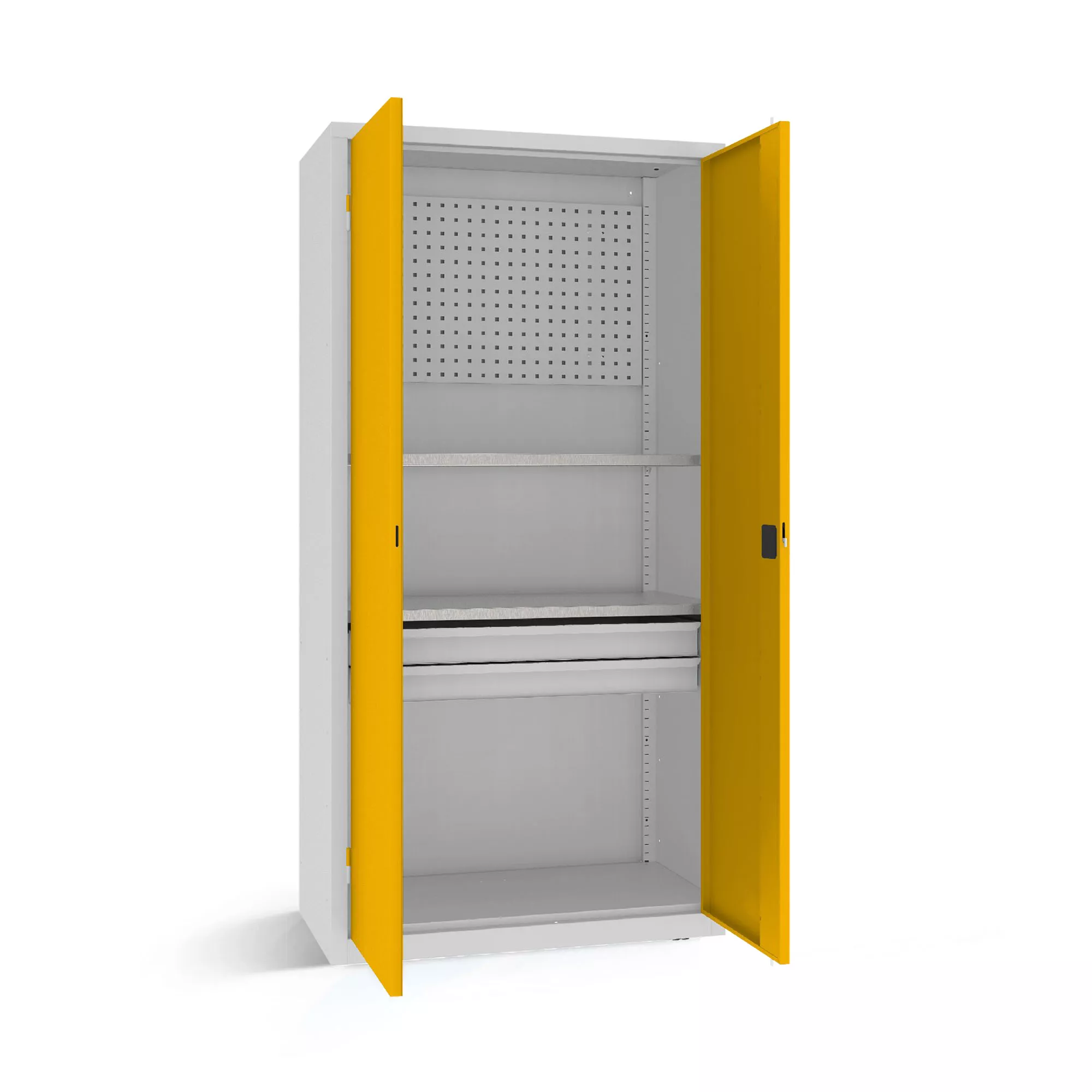 Armoire pour charges lourdes - 2 tiroirs, 2 étagères, panneau porte-outils - 100 cm de largeur