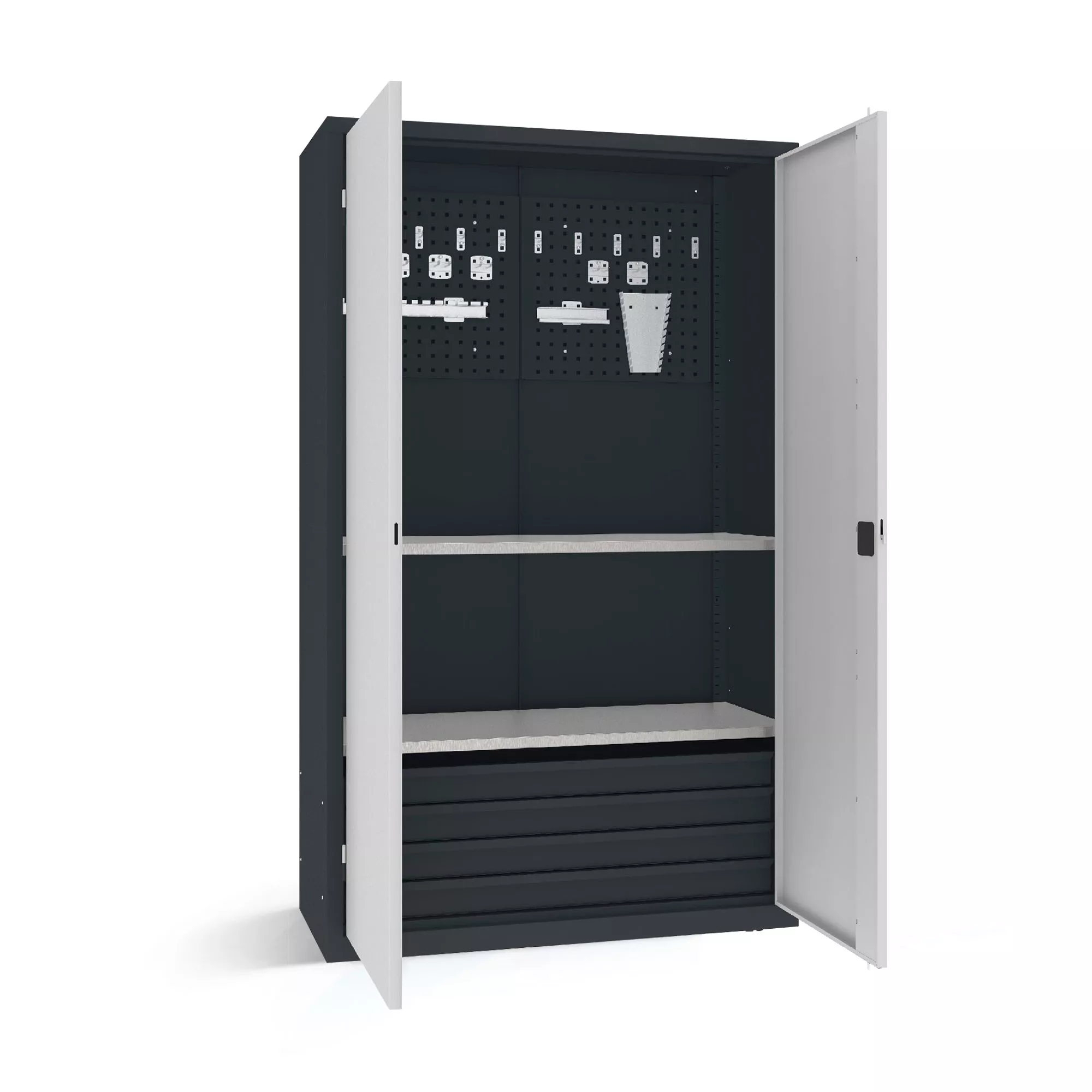 Armoire pour charges lourdes - 4 tiroirs, 2 étagères, panneau porte-outils avec supports et crochets - 120 cm de largeur