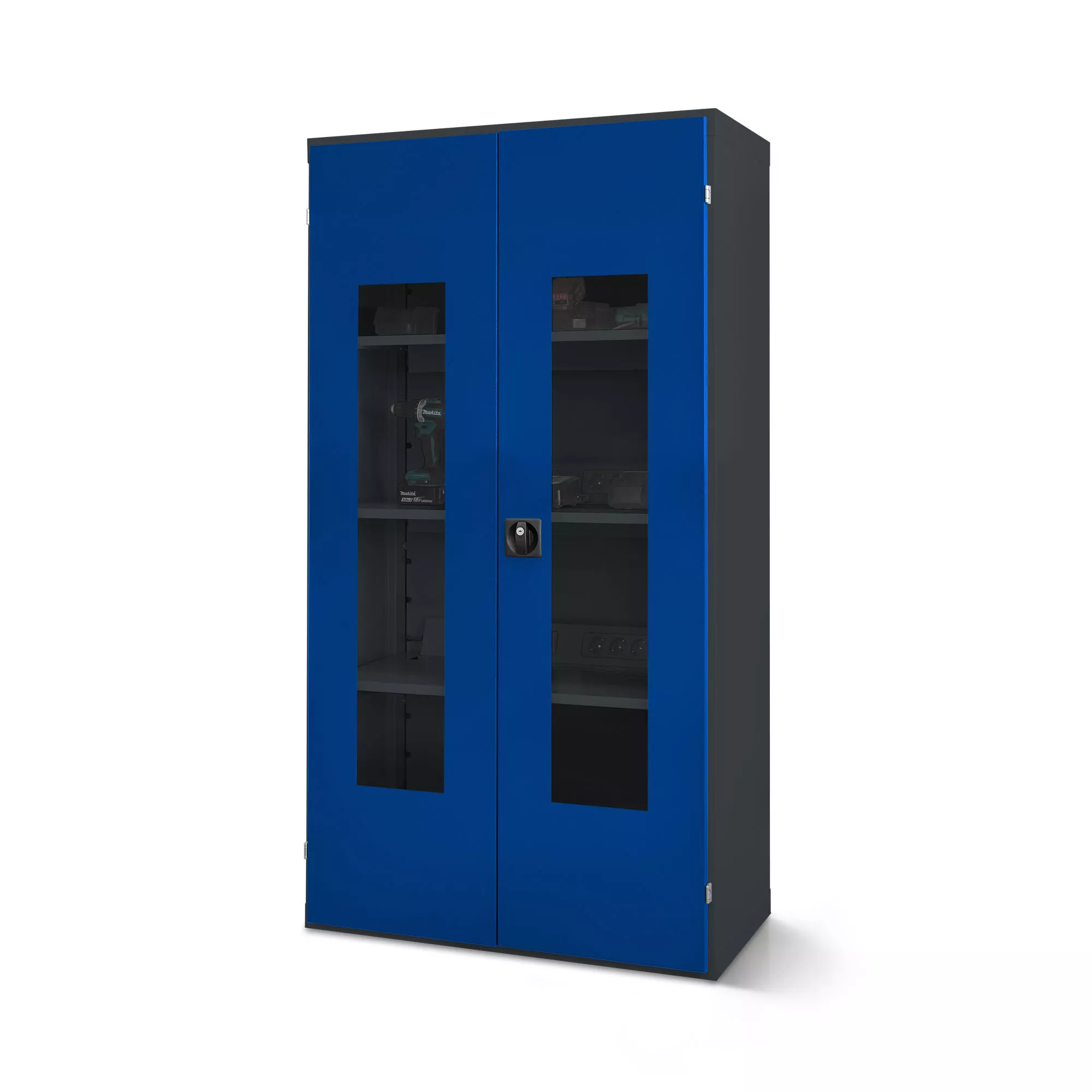 Hinged door cabinet with plexiglas window and 1 multiple socket