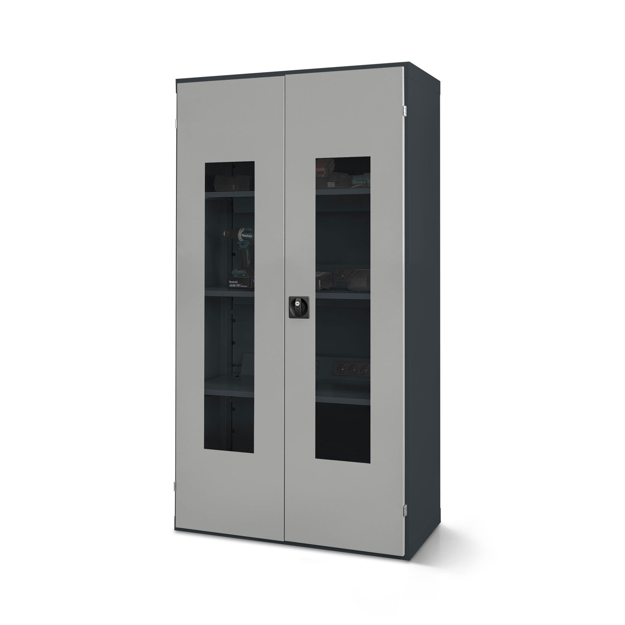 Hinged door cabinet with plexiglas window and 1 multiple socket