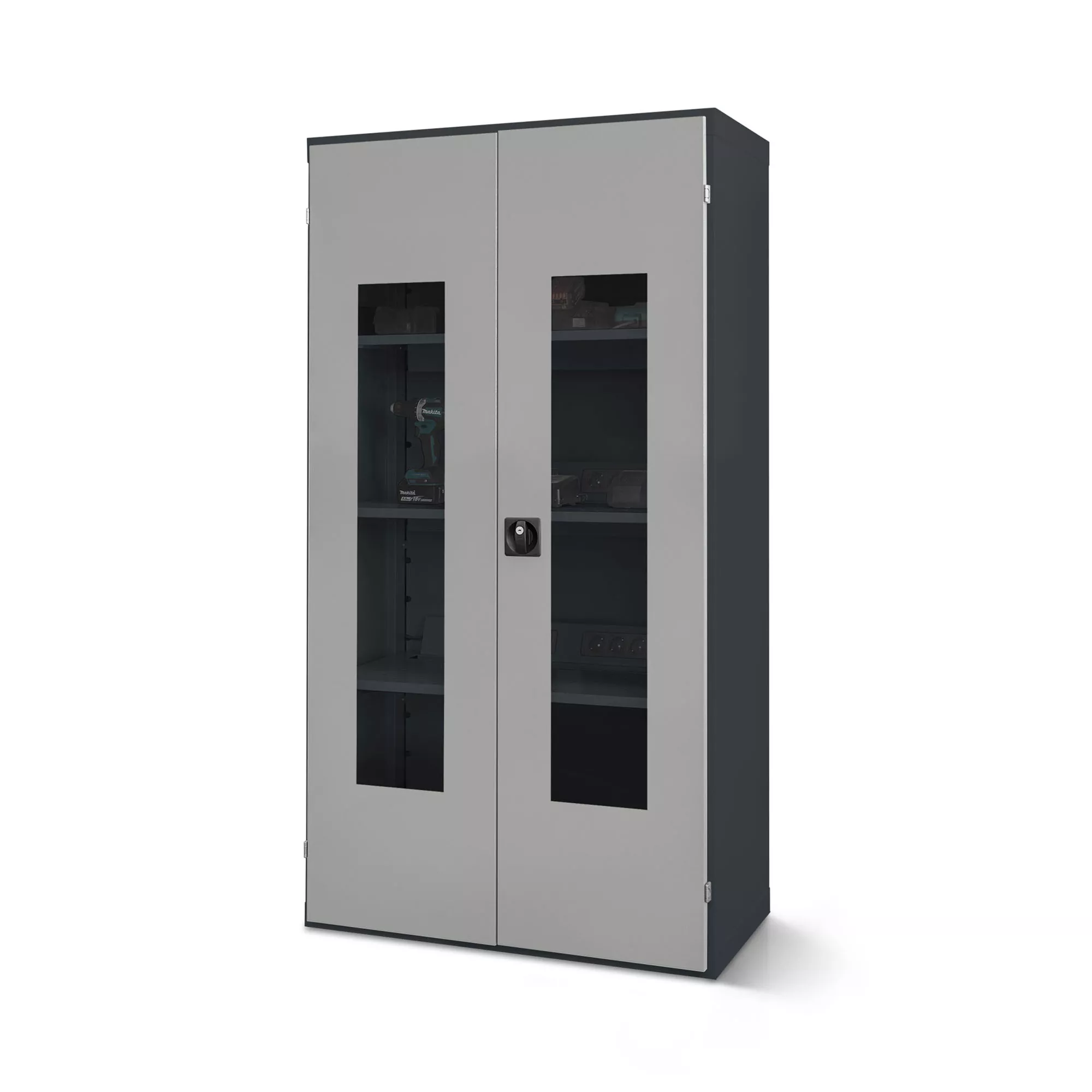 Armoire métallique avec portes en plexiglas, fonction de recharge (1 bloc multiprises)