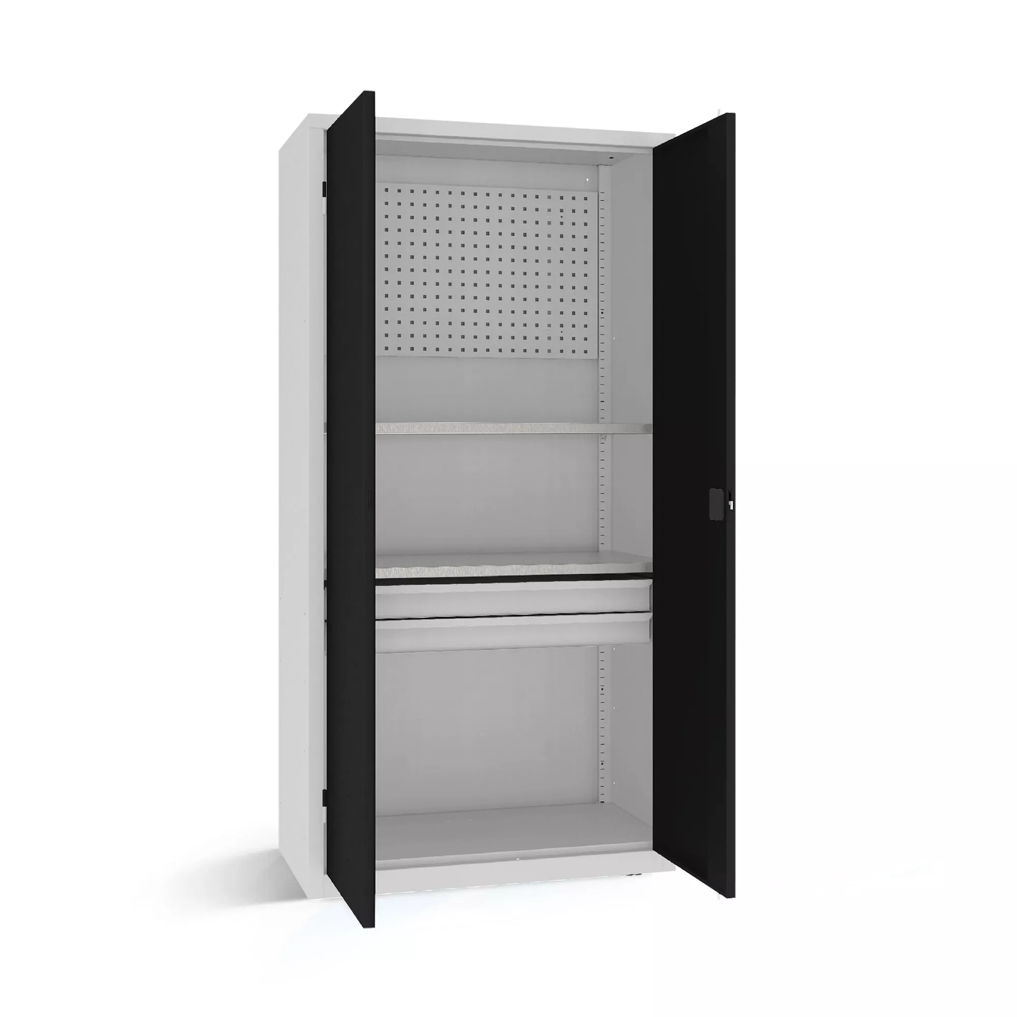 Heavy-duty workshop cabinet with 2 drawers 2 shelves and tool panel 199 x 100