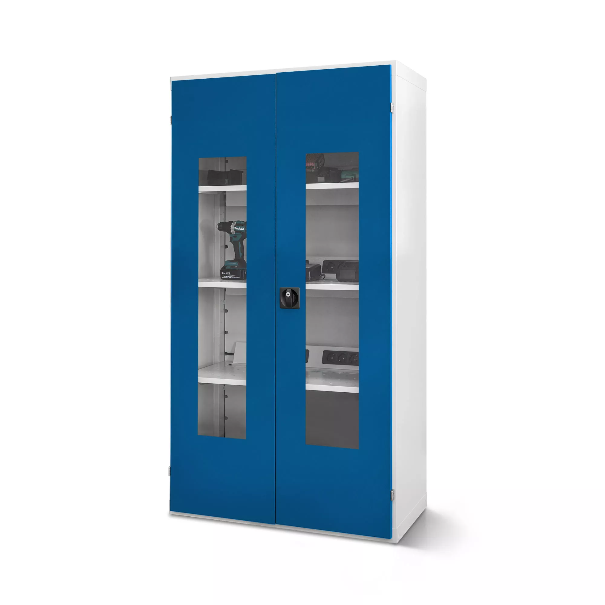 Armoire métallique avec portes en plexiglas, fonction de recharge (1 bloc multiprises)