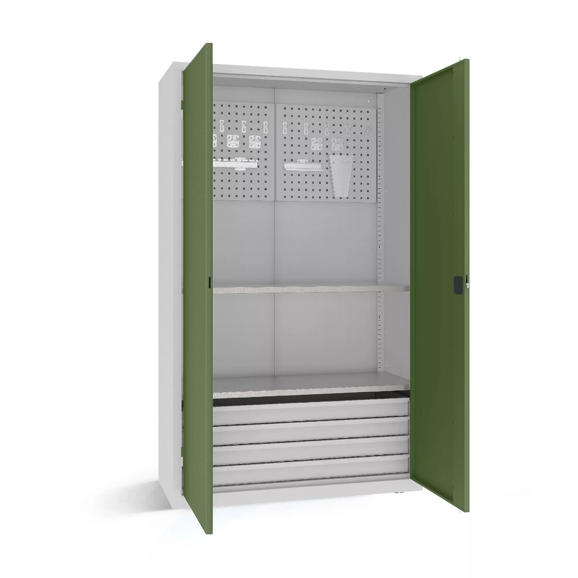 Armoire pour charges lourdes - 4 tiroirs, 2 étagères, panneau porte-outils avec supports et crochets - 120 cm de largeur
