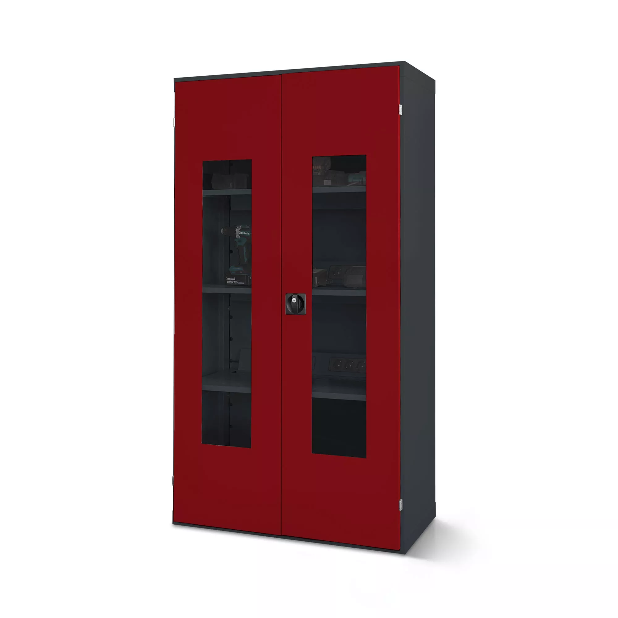 Armoire métallique avec portes en plexiglas, fonction de recharge (3 blocs multiprises)