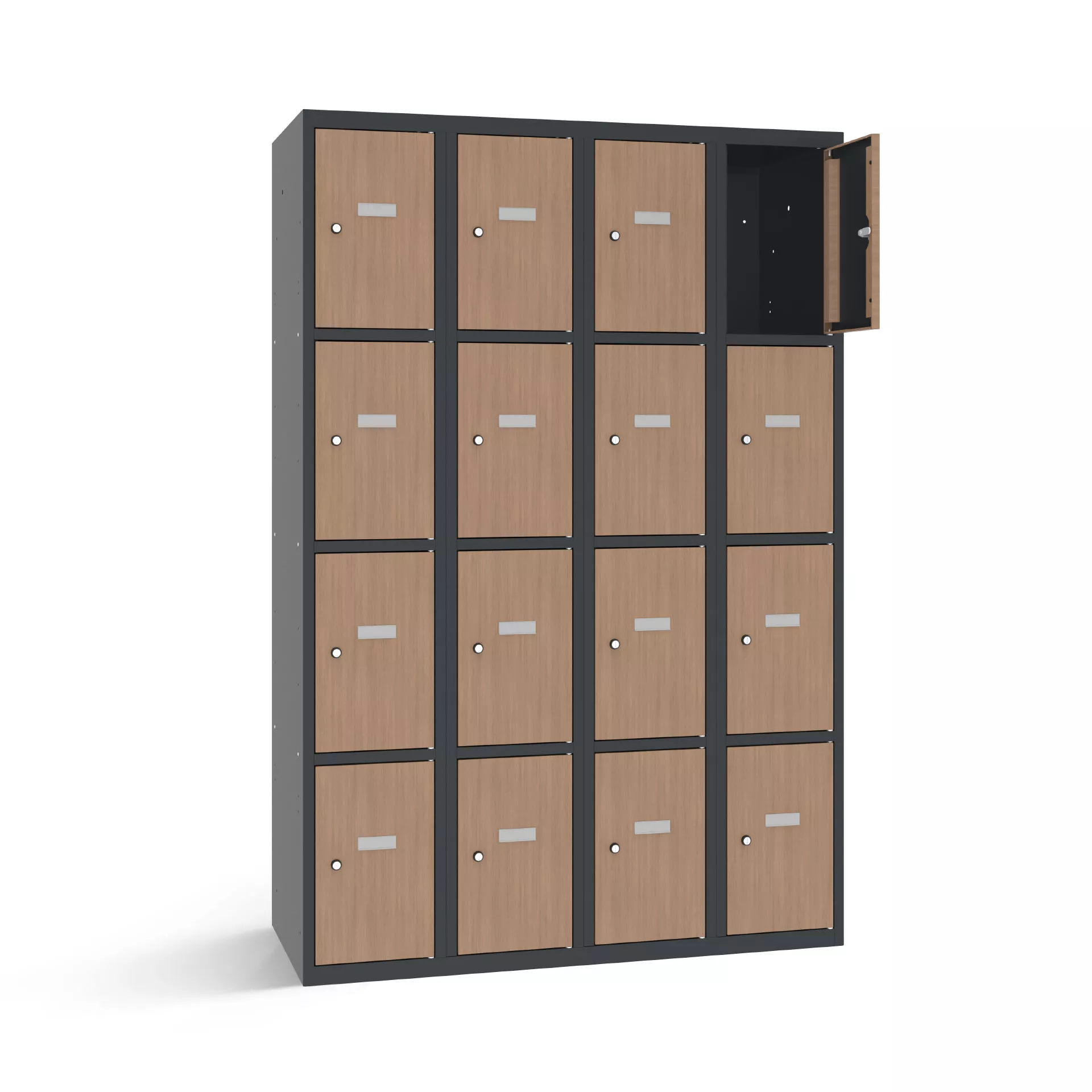 Vestiaire multicase avec 16 portes aspect bois – largeur 120 cm
