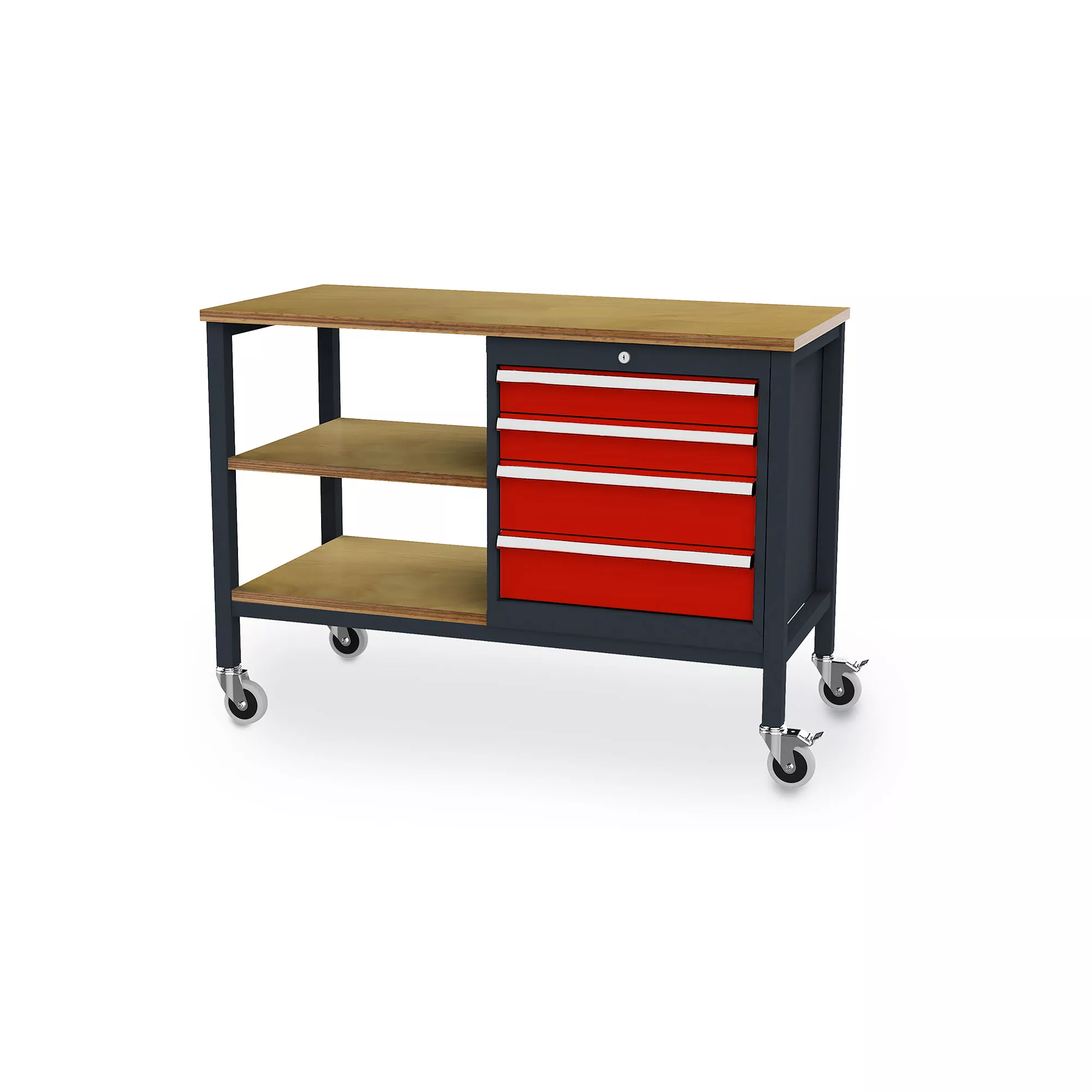 Établi mobile - 2 étagères, 4 tiroirs - 1300 x 600 x 960 mm (L x P x H)