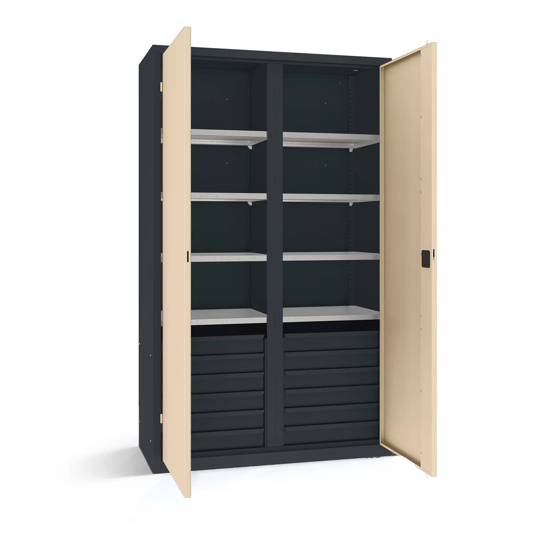 Heavy-duty workshop cabinet with 12 drawers and 6 shelves 199 x 120