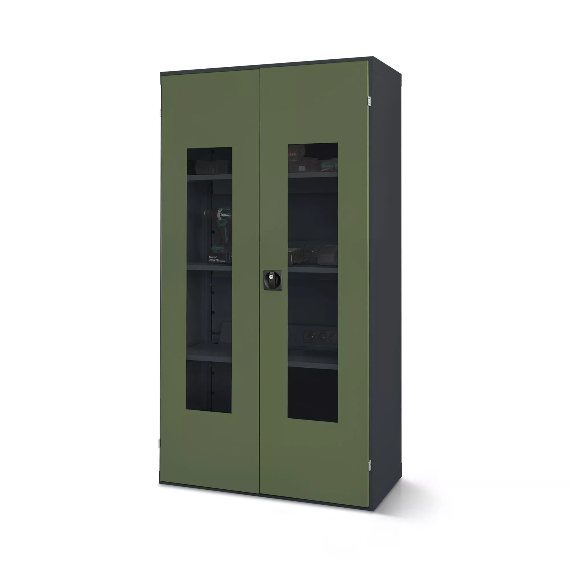 Armoire métallique avec portes en plexiglas, fonction de recharge (3 blocs multiprises)