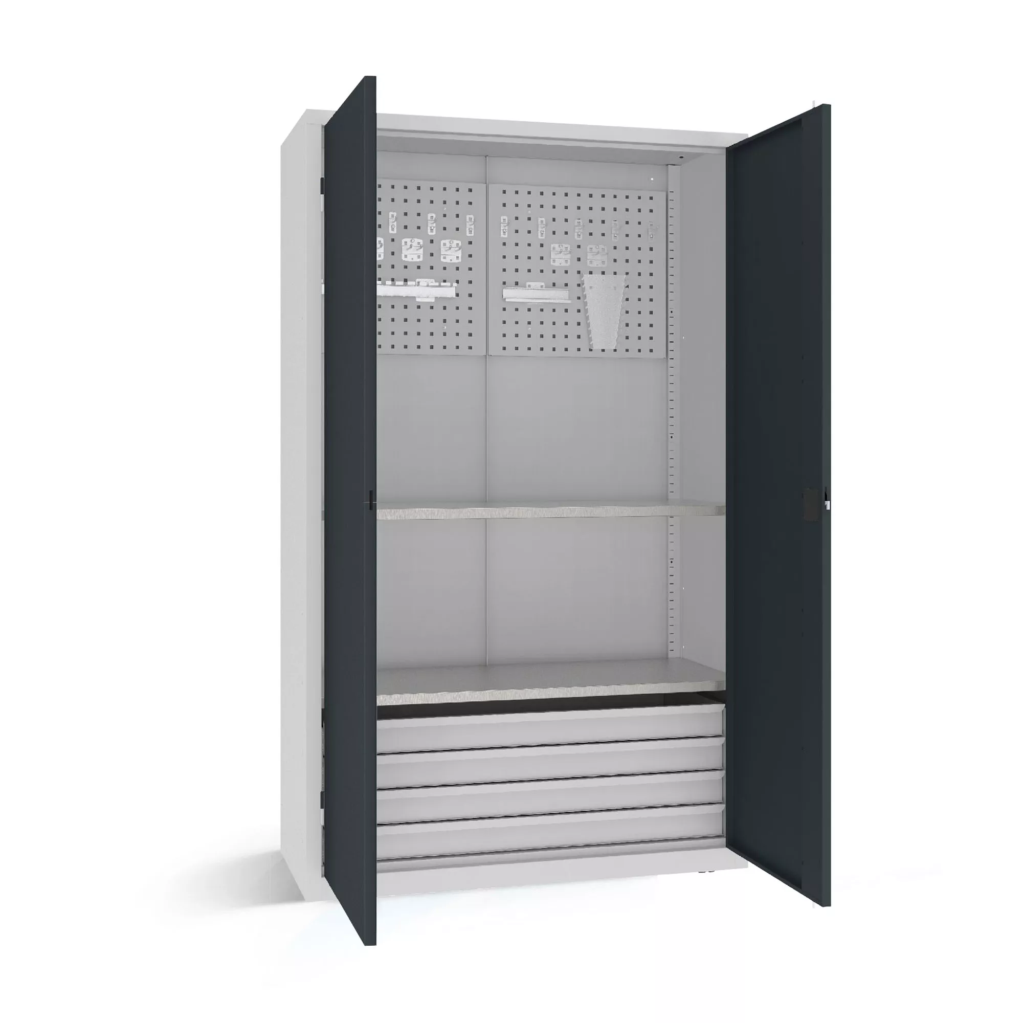 Armoire pour charges lourdes - 4 tiroirs, 2 étagères, panneau porte-outils avec supports et crochets - 120 cm de largeur