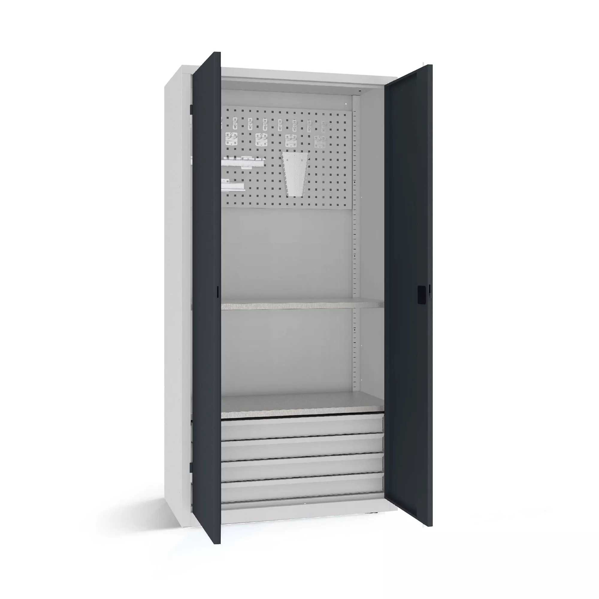 Heavy-duty workshop cabinet with 4 drawers 2 shelves and tool panel with hooks 199 x 100