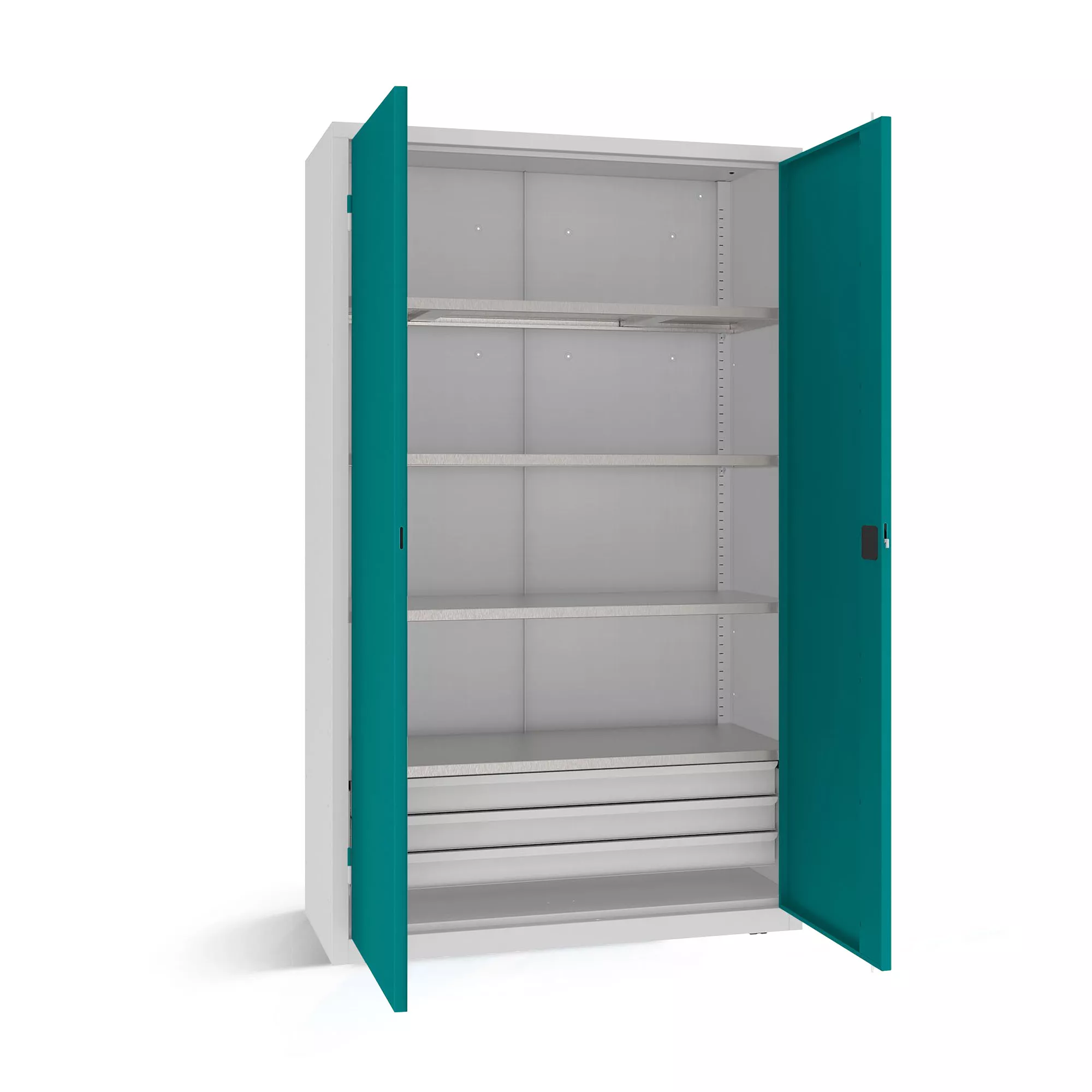 Armoire pour charges lourdes - 4 étagères, 3 tiroirs - 120 cm de largeur