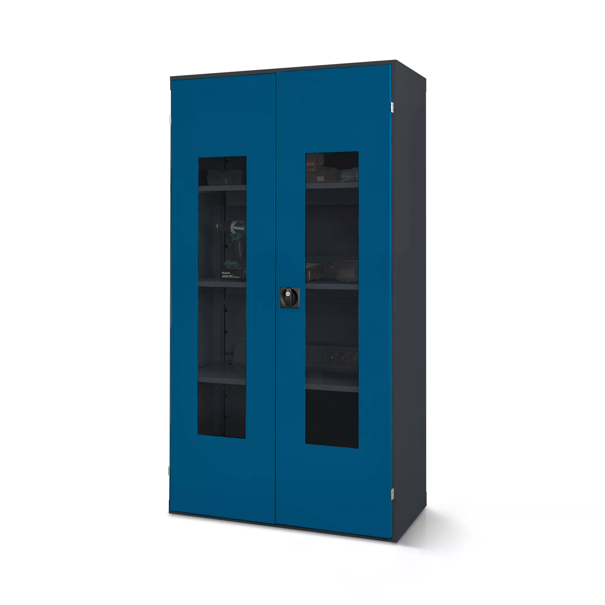 Hinged door cabinet with plexiglas window and 3 multiple sockets