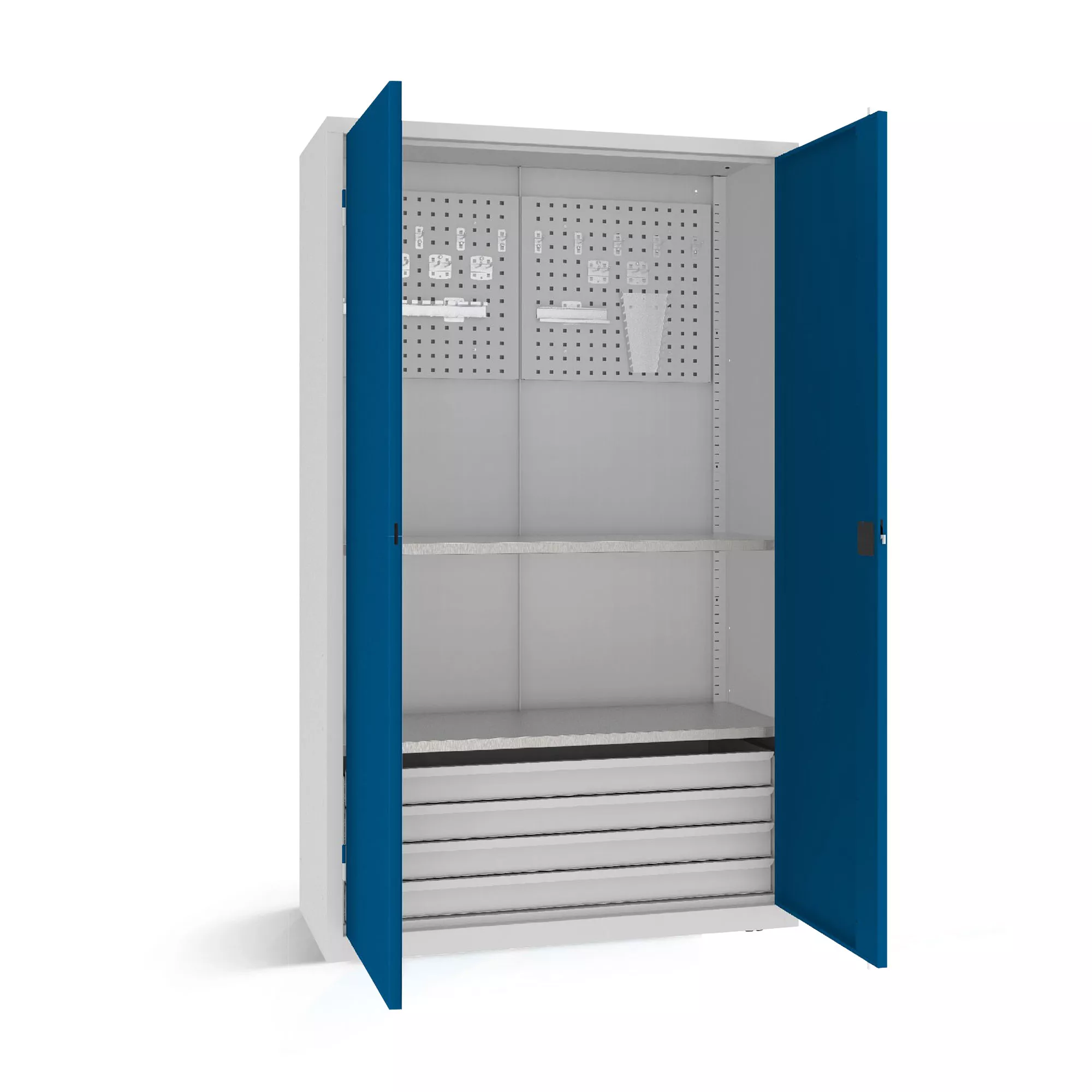 Heavy-duty workshop cabinet with 4 drawers 2 shelves and tool panel with hooks 199 x 120