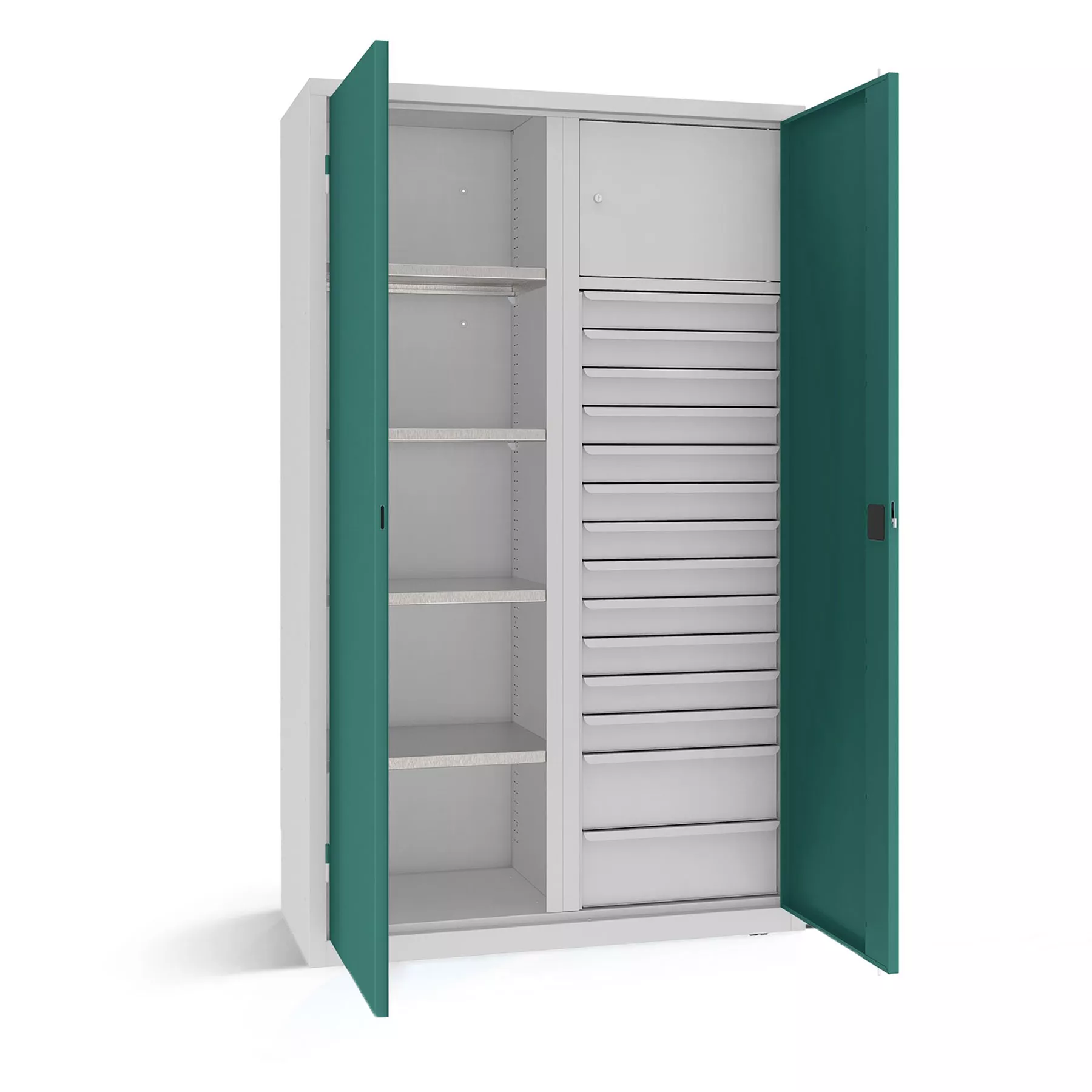 Heavy-duty workshop cabinet with 14 drawers and 4 shelves 199 x 120