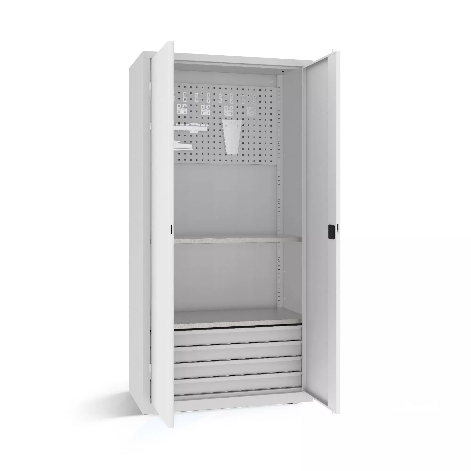 Armoire pour charges lourdes - 4 tiroirs, 2 étagères, panneau porte-outils avec supports et crochets - 100 cm de largeur