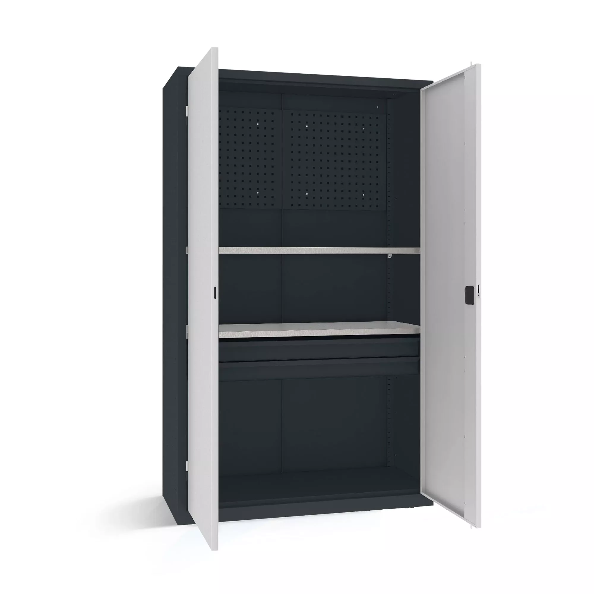 Armoire pour charges lourdes - 2 tiroirs, 2 étagères, panneau porte-outils - 120 cm de largeur