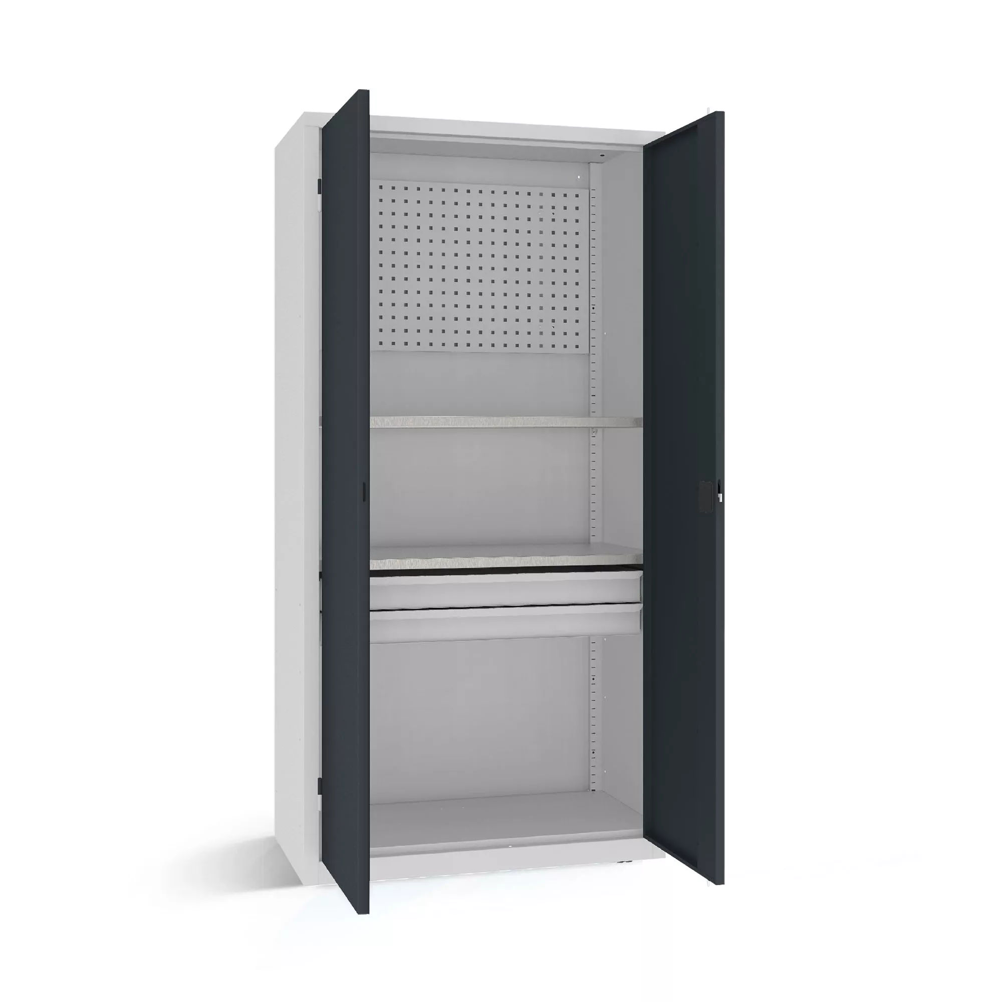 Heavy-duty workshop cabinet with 2 drawers 2 shelves and tool panel 199 x 100