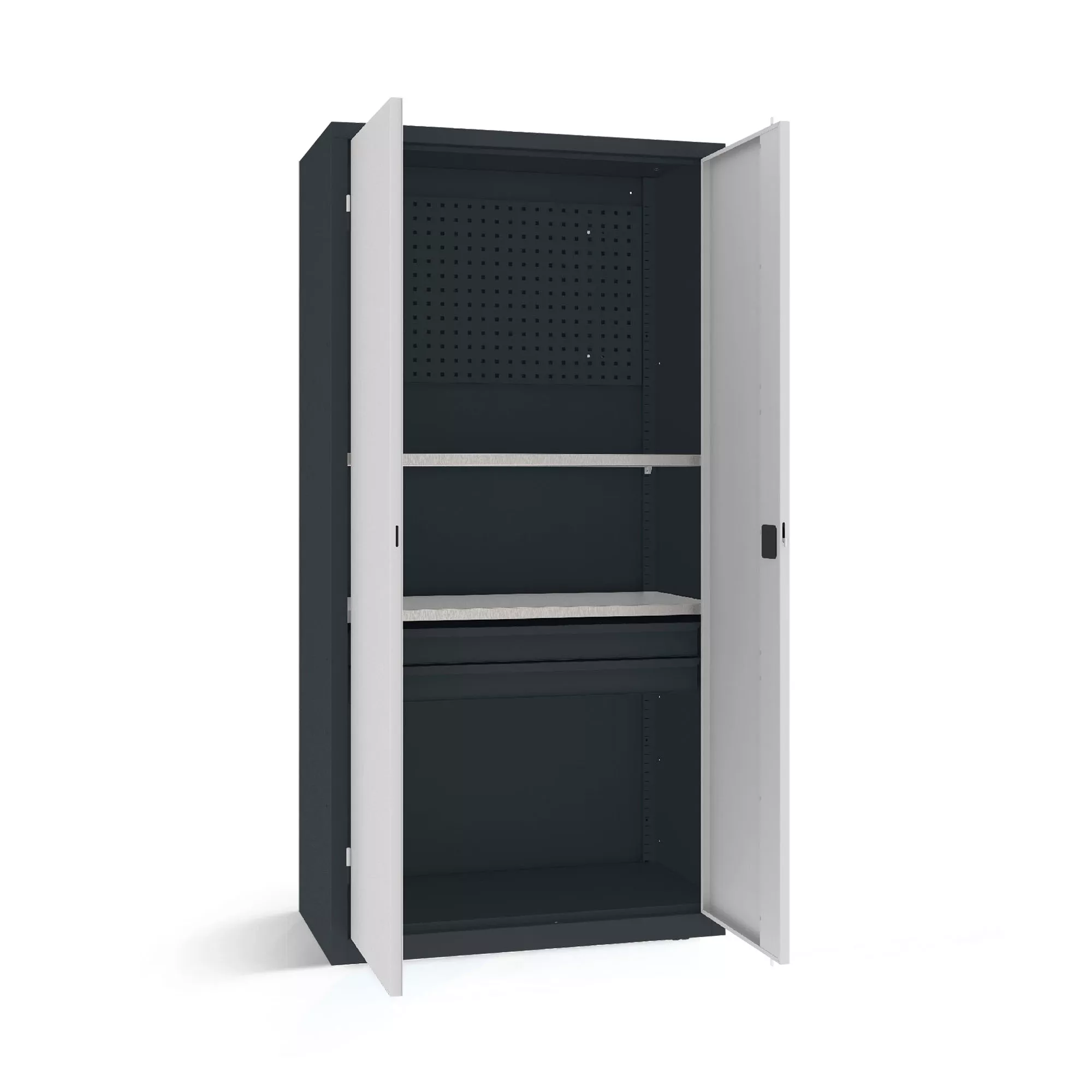 Armoire pour charges lourdes - 2 tiroirs, 2 étagères, panneau porte-outils - 100 cm de largeur