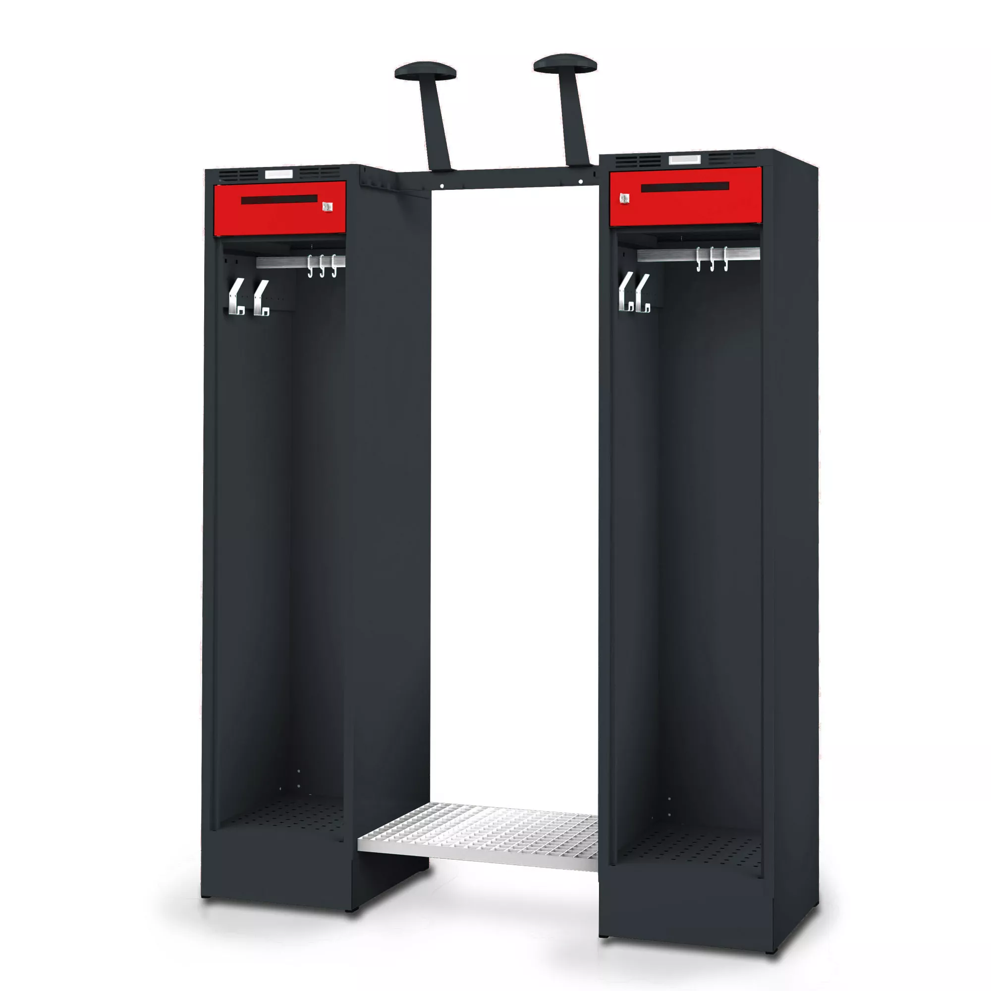Fire department coat rack PROFLEX with valuables compartment and base width 40+80+40 cm