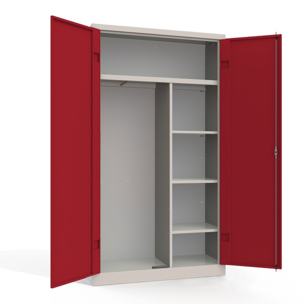 lockeel® double-door cupboard with partition incl. 4 shelves in light grey with ruby red doors