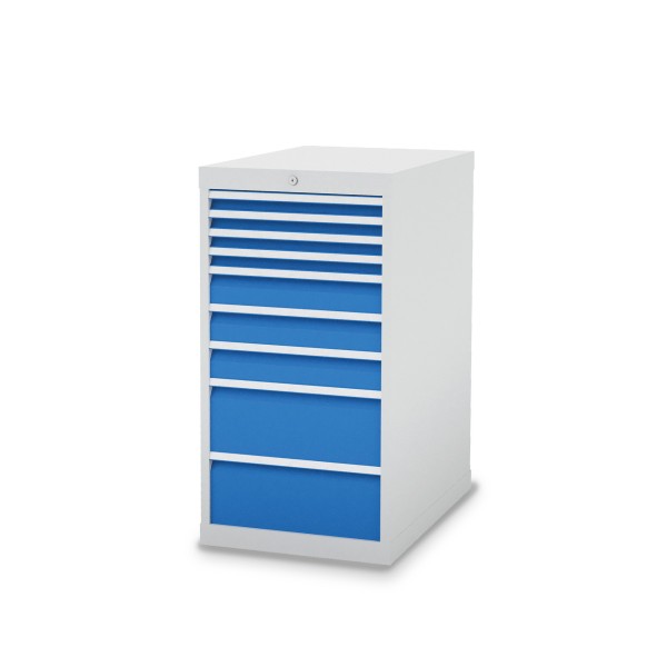 Drawer cabinet W 555 x D 736 x H 1019 mm with 9 drawers, body light grey RAL 7035, fronts light blue RAL 5012