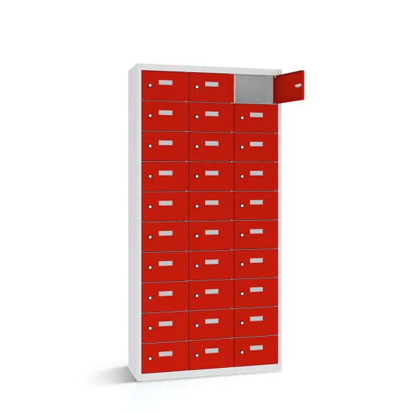 lockeel® safe for valuables 30 compartments with body in light grey and doors in traffic red