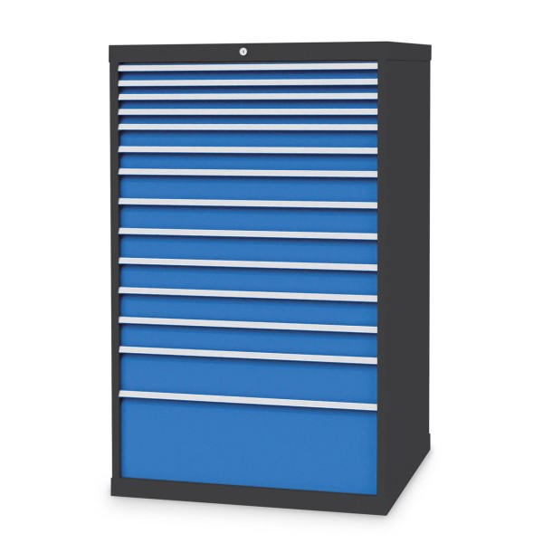 Drawer cabinet W1005xD736xH1519 mm with 14 drawers, body anthracite RAL 7016 / fronts light blue RAL 5012