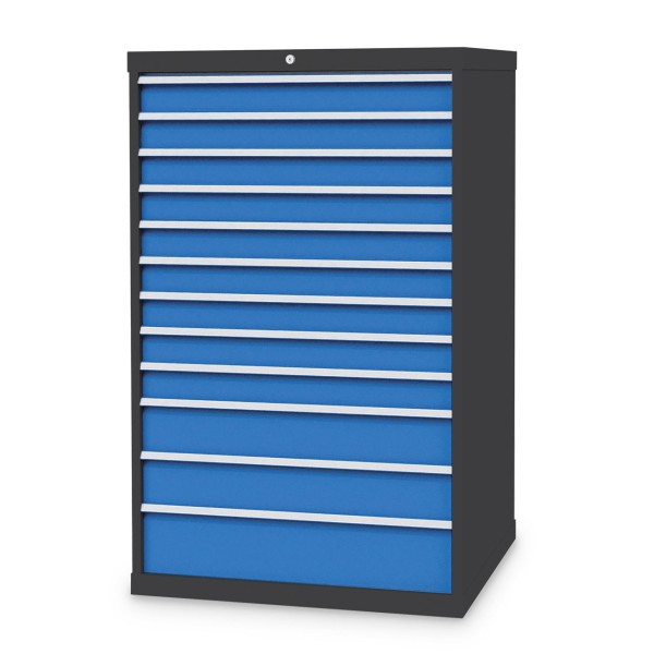 Drawer cabinet W1005xD736xH1519 mm with 12 drawers, body anthracite RAL 7016 / fronts light blue RAL 5012