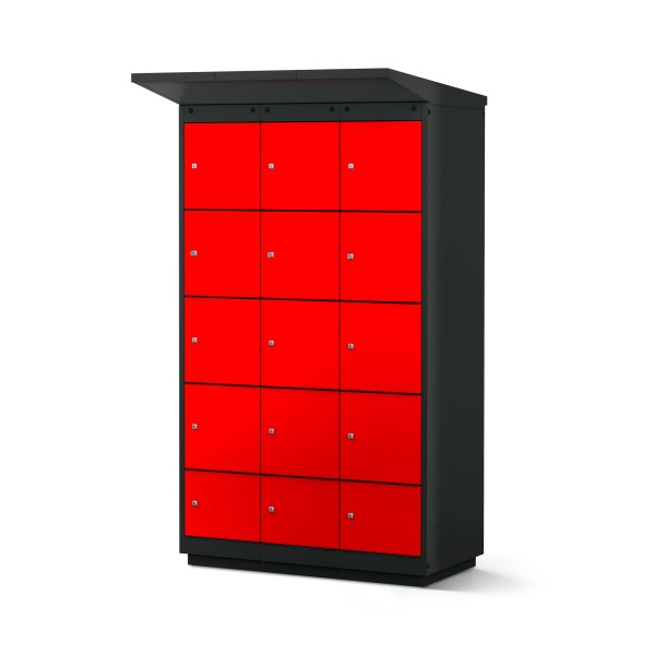 lockeel® e-bike charging station 12 doors  for outdoor use in anthracite grey with fire-red doors