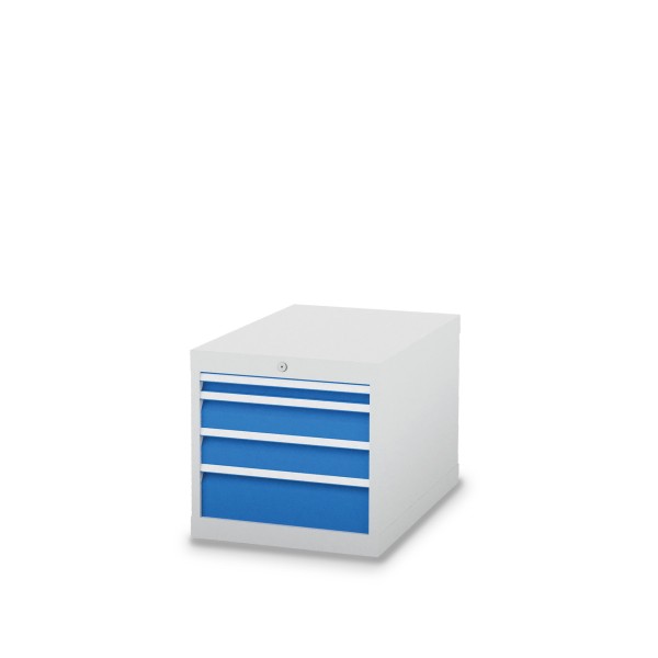 Drawer cabinet W 555 x D 736 x H 519 mm with 4 drawers, body light grey RAL 7035, fronts light blue RAL 5012