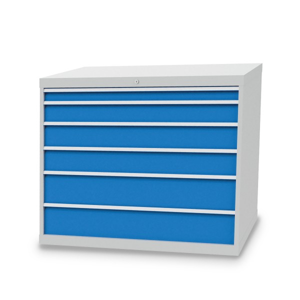 Drawer cabinet B1305xD736xH1019 mm with 6 drawers, body light grey RAL 7035 / fronts light blue RAL 5012