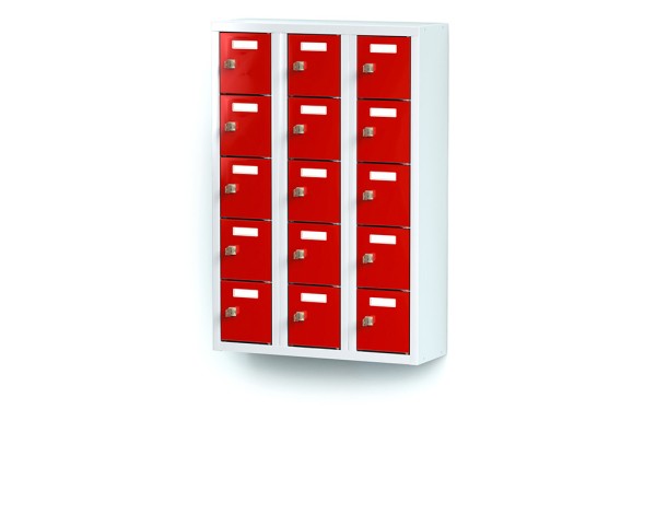 lockeel® mini locker 3x5 compartments with light grey body and fire red doors