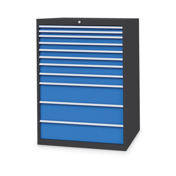 Drawer cabinet W1005xD736xH1319 mm with 11 drawers, body anthracite RAL 7016 / fronts light blue RAL 5012