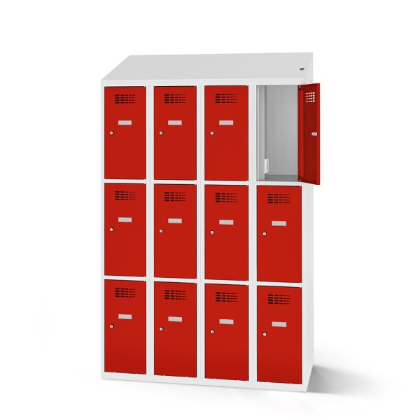 lockeel® compartment cupboard including loading function with 4x3 compartments in light grey and traffic red doors