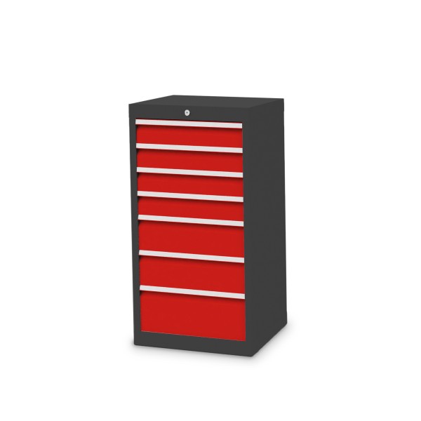 Drawer cabinet W 530 x D 500 x H 1019 mm with 7 drawers, body anthracite RAL 7016, fronts traffic red RAL 3020