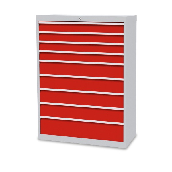 Drawer cabinet W 980 x D 500 x H 1319 mm with 9 drawers, body light grey RAL 7035, fronts traffic red RAL 3020