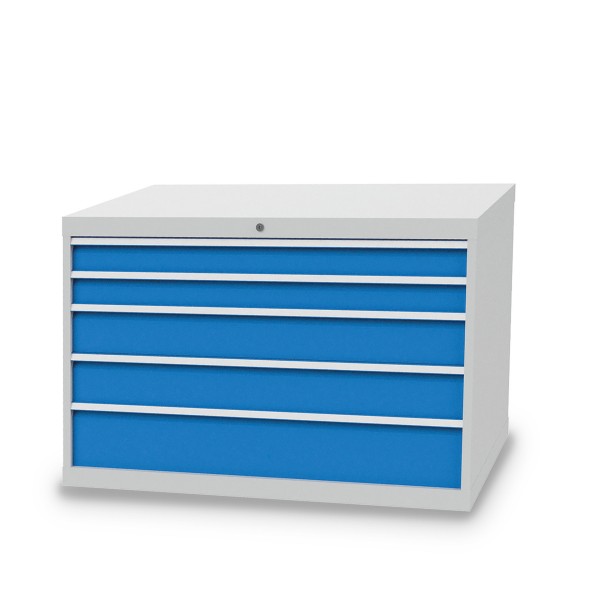 Drawer cabinet W 1305 x D 736 x H 819 mm with 5 drawers, body light grey RAL 7035, fronts light blue RAL 5012