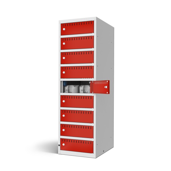 lockeel® battery charging cabinet with 9 compartments in light grey with traffic red doors
