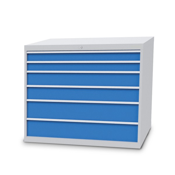 Drawer cabinet B1305xD736xH1019 mm with 6 drawers, body light grey RAL 7035 / fronts light blue RAL 5012