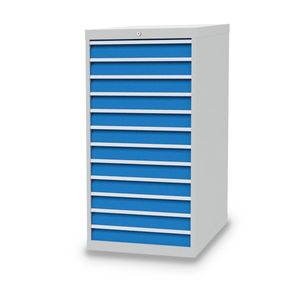 Drawer cabinet W705xD736xH1319 mm with 12 drawers, body light grey RAL 7035 / fronts light blue RAL 5012