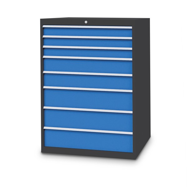 Drawer cabinet W1005xD736xH1319 mm with 8 drawers, body anthracite RAL 7016 / fronts light blue RAL 5012