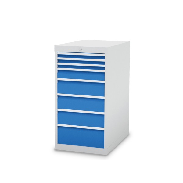 Drawer cabinet W 555 x D 736 x H 1019 mm with 8 drawers, body light grey RAL 7035, fronts light blue RAL 5012