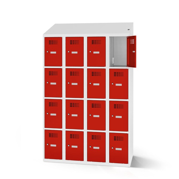 lockeel® compartment cupboard including loading function with 4x4 compartments in light grey and traffic red doors