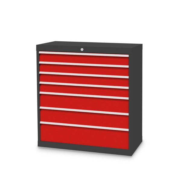 Drawer cabinet W 980 x D 500 x H 1019 mm with 7 drawers, body anthracite RAL 7016, fronts traffic red RAL 3020