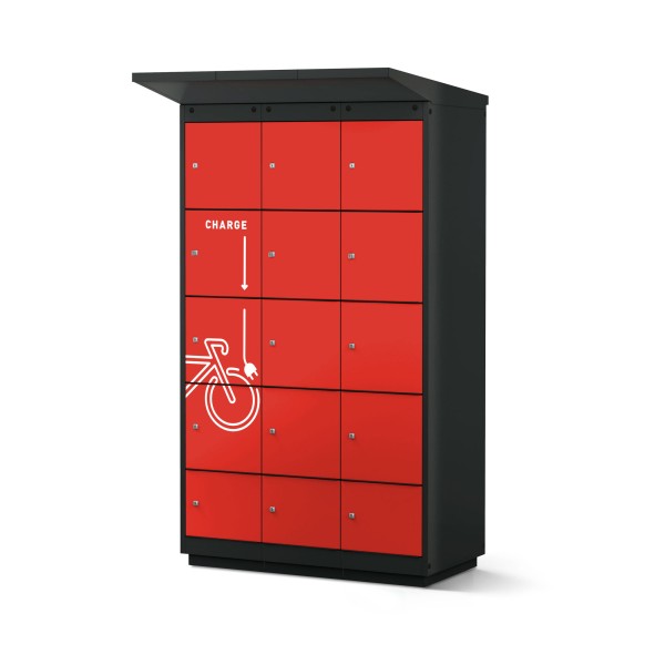 lockeel® e-bike charging station 12 doors  for outdoor use in anthracite grey with fire-red doors with foil plot