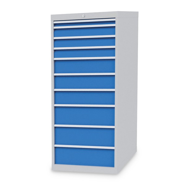 Drawer cabinet W705xD736xH1519 mm with 10 drawers, body light grey RAL 7035 / fronts light blue RAL 5012